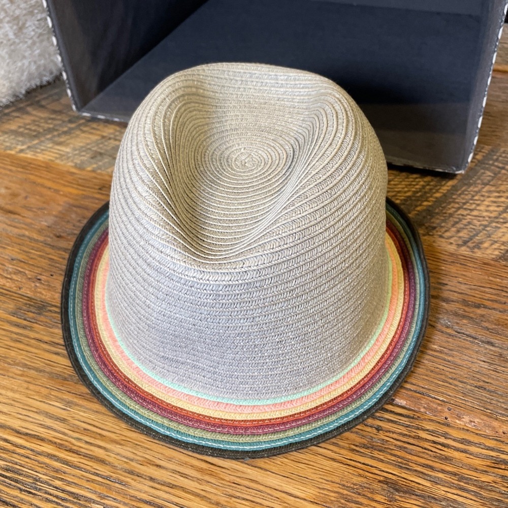 Paul Smith Grey Woven Trilby Hat Multi Color Rainbow Stripe Brim Mens Womens